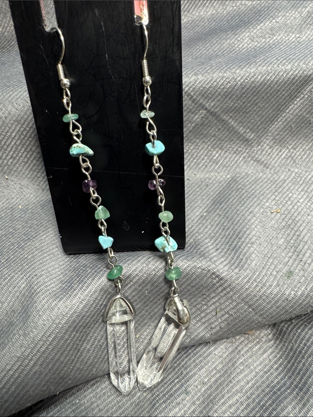 Crystal Point Dangle Earrings with Turquoise & Green Bead Accents